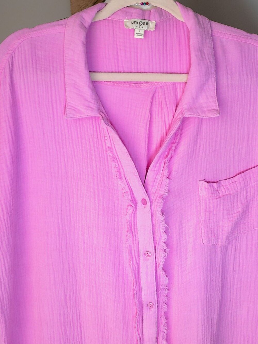 UMGEE USA Slveless Collared Button Down 100% Cotton Pink Mini Dress w/Raw Hems L - Picture 2 of 7